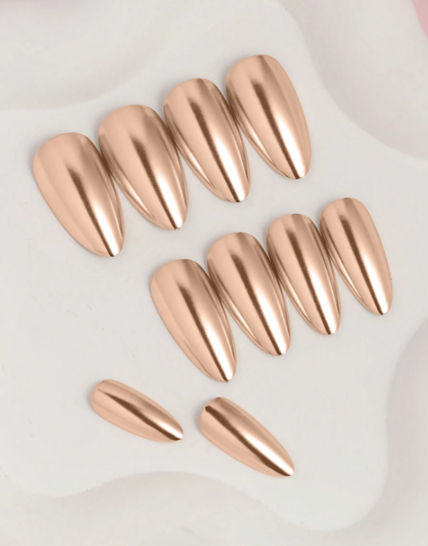 24Pc Almond Nails Set in Champagne Gold Chrome - Press-on Express