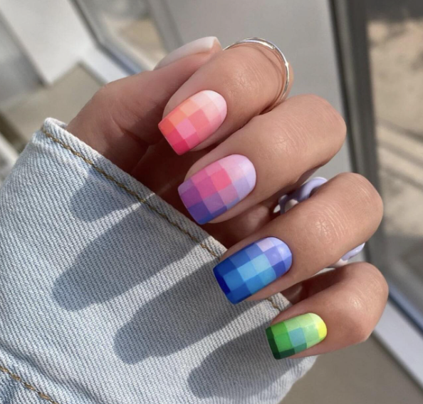 24pc Square Nails Set in Colorful Pixel Design - Press-on Express