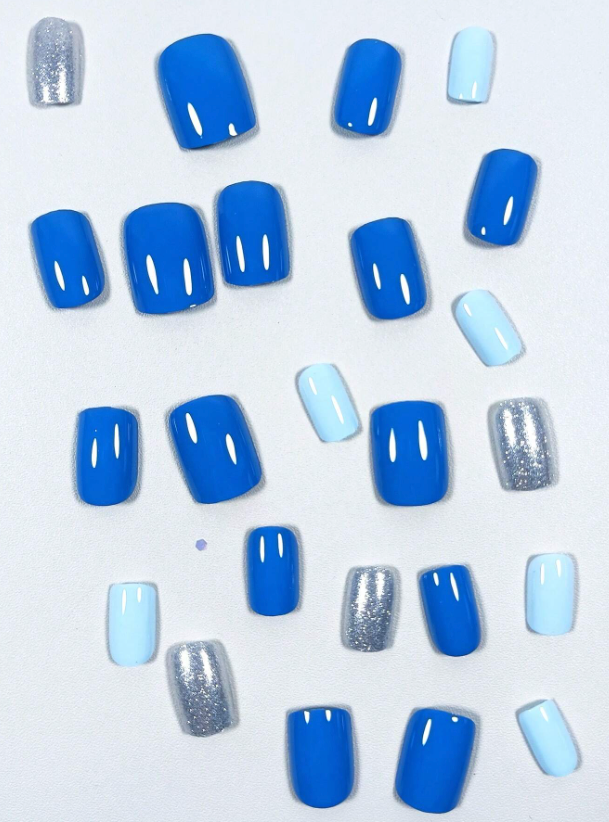 24Pc Short Square Nails Set in Light & Dark Blue with Optional Sparkly Accent Nails - Press-on Express