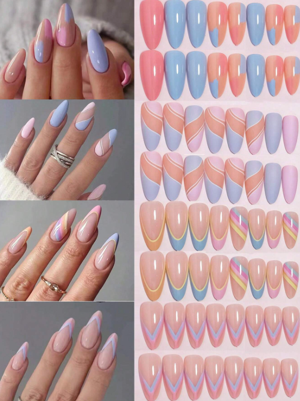 96Pc Almond Nails Set in Pastel Geometric Designs - Press-on Express
