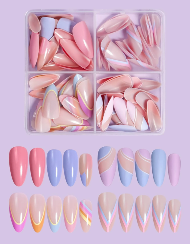 96Pc Almond Nails Set in Pastel Geometric Designs - Press-on Express