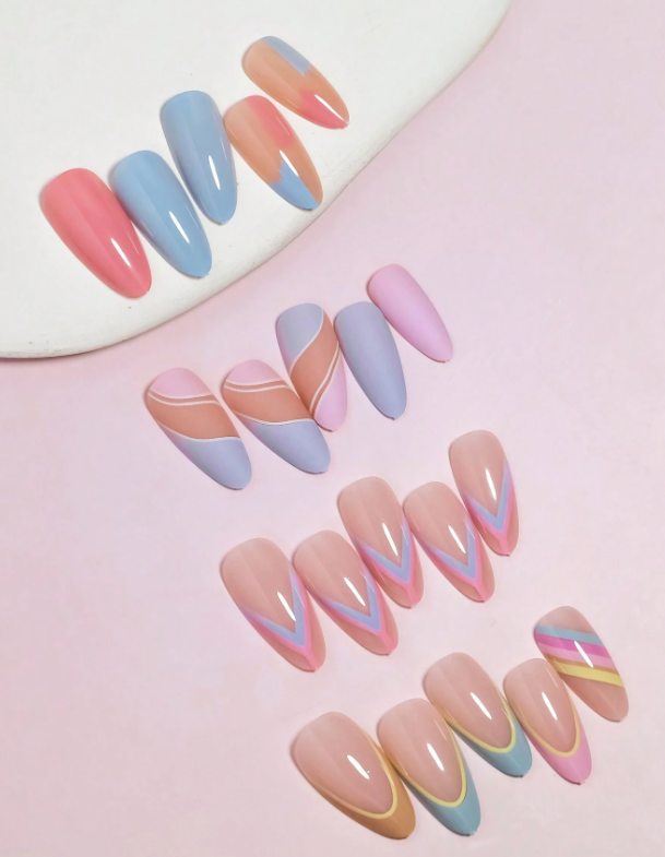 96Pc Almond Nails Set in Pastel Geometric Designs - Press-on Express