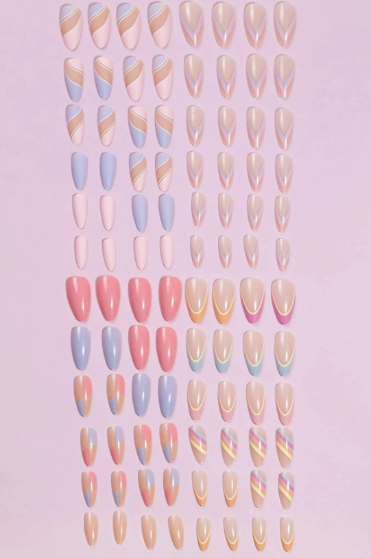 96Pc Almond Nails Set in Pastel Geometric Designs - Press-on Express