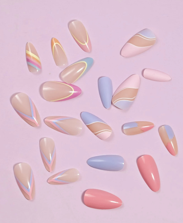 96Pc Almond Nails Set in Pastel Geometric Designs - Press-on Express