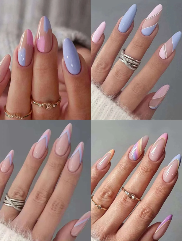 96Pc Almond Nails Set in Pastel Geometric Designs - Press-on Express