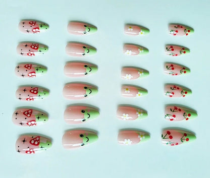 24pc Almond Nails with Green Froggy French Tips & Mushrooms