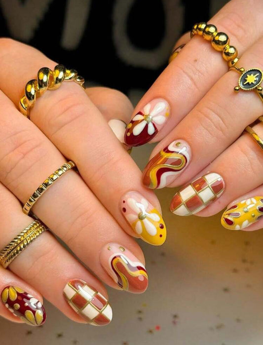 24pc Round Nails Retro-Inspired abstract with yellows reds and whites - Press-on Express