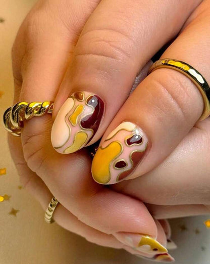 24pc Round Nails Retro-Inspired abstract with yellows reds and whites