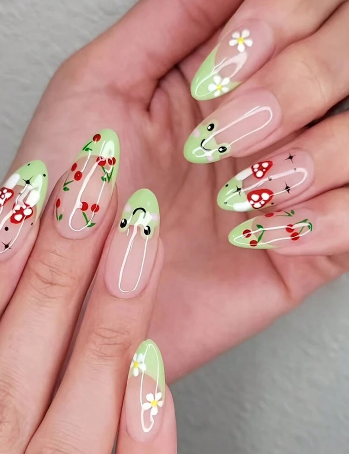 24pc Almond Nails with Green Froggy French Tips & Mushrooms