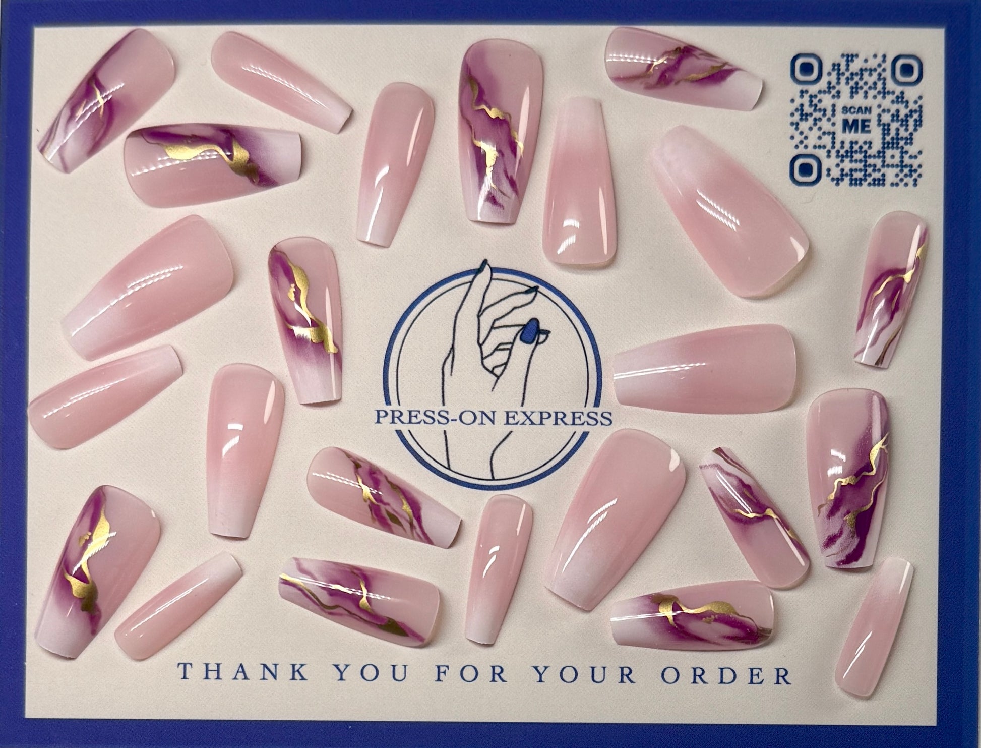 24Pc Ballerina Nails set in Ombré Pink with Purple & Gold Marble - Press-on Express