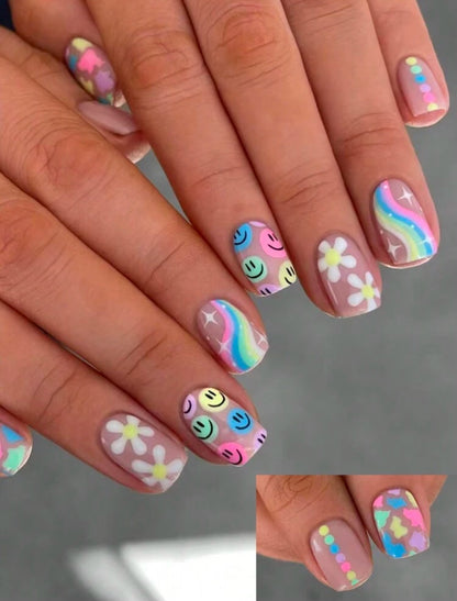 24pc Square Nails with Pastel Smileys, Flowers & Rainbows