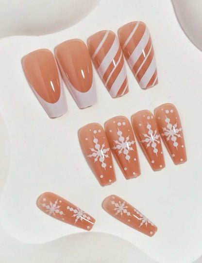 24Pc Ballerina style Holiday Nails With Winter Snowflakes, French tips & Stripes