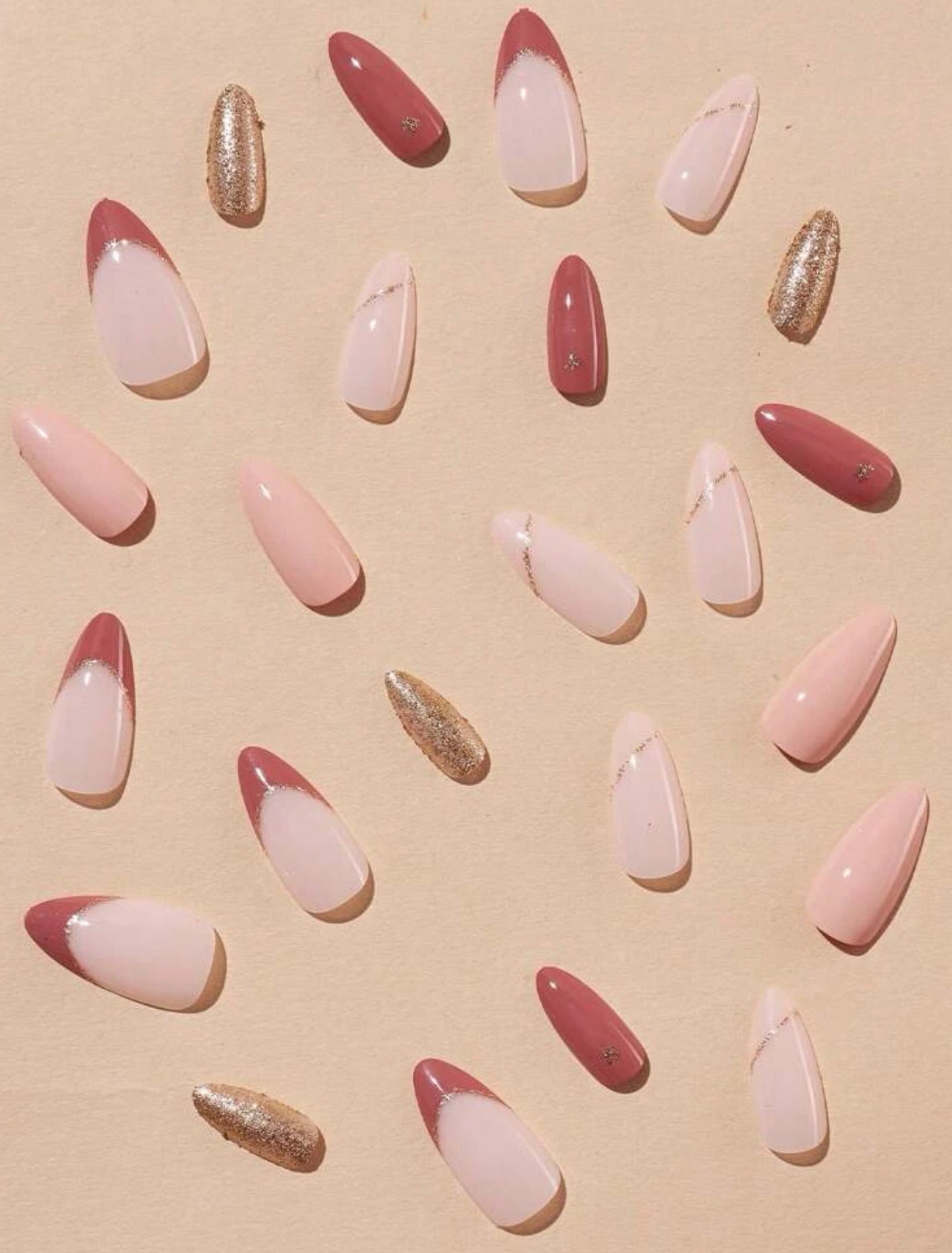 24Pc Almond Nails set in Shades of Nude Pink with Gold Accents