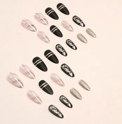 24Pc Stiletto Nails with black and gold designs