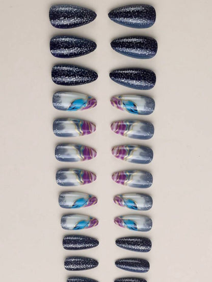 24Pc Almond Nails set in Purple Blue galaxy with Gold marble