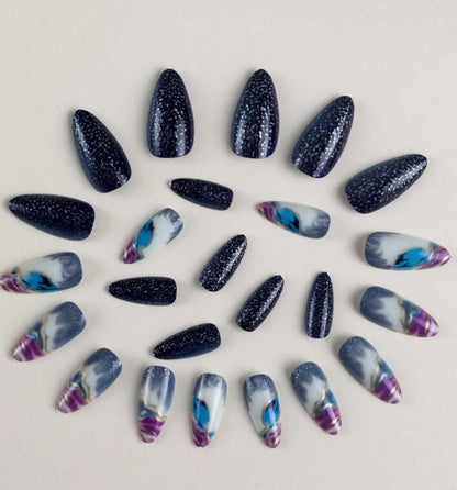 24Pc Almond Nails set in Purple Blue galaxy with Gold marble