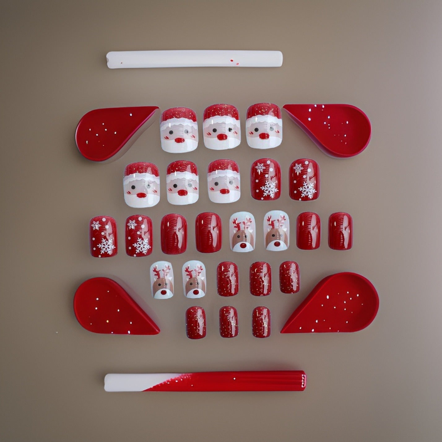 24Pc short Square Holiday Nails Red With Santa & Rudolph