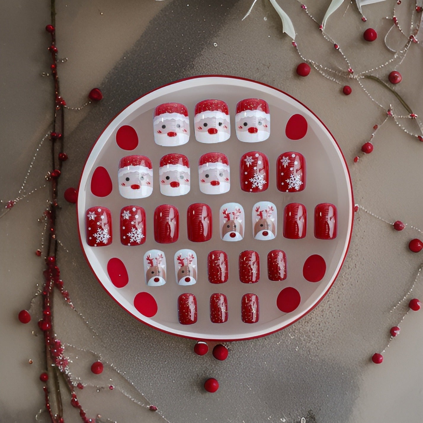 24Pc short Square Holiday Nails Red With Santa & Rudolph