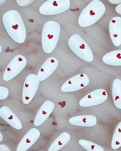 24Pc Almond Nails set in White with Small red Hearts