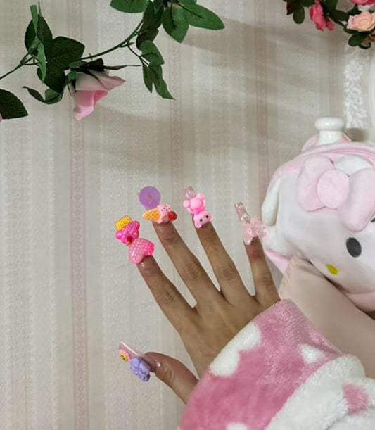 24-Piece Long Square Nails with 3D Cakes, Bears, ice creams & more