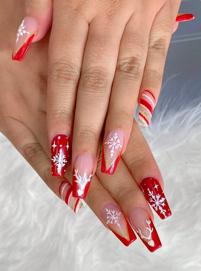 24Pc Ballerina Holiday Nails with red and white snowflakes