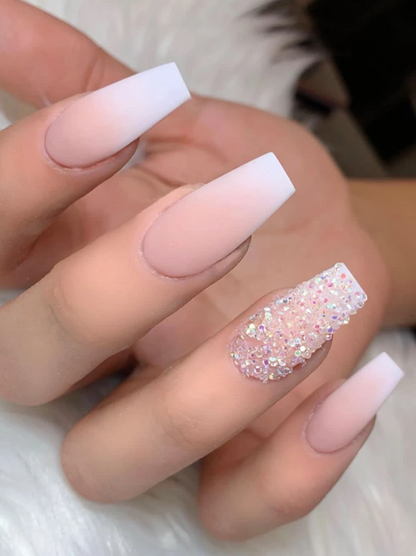 24Pc Ballerina style Nails set in Frosty Light Nude Ombré with Sparkle Pearl accent