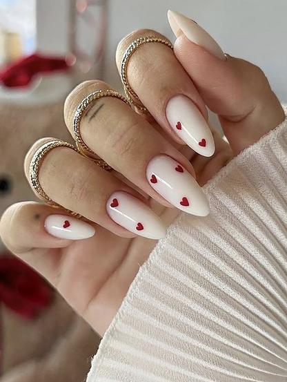 24Pc Almond Nails set in White with Small red Hearts