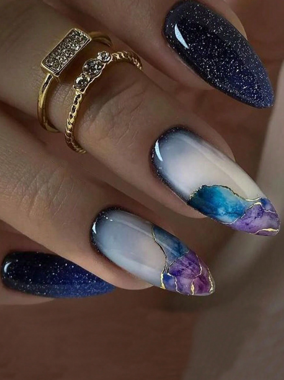 24Pc Almond Nails set in Purple Blue galaxy with Gold marble