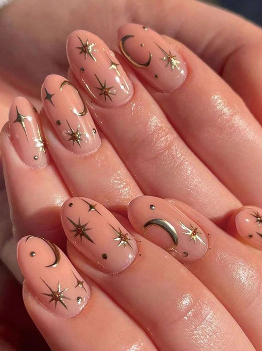 24Pc Round Nails set in Light Nude with Gold Moons & Stars - Press-on Express