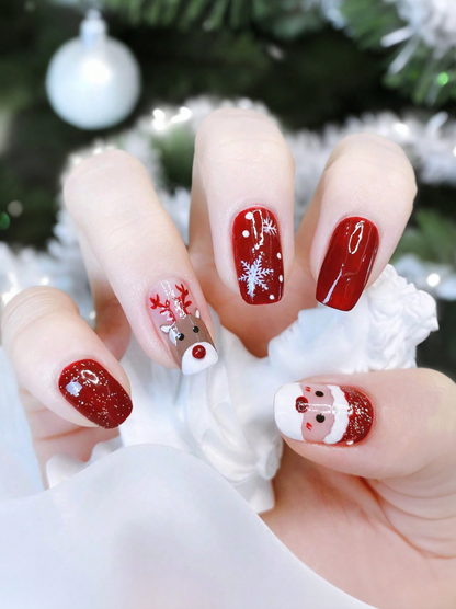 24Pc short Square Holiday Nails Red With Santa & Rudolph