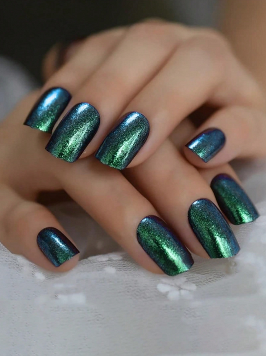 24Pc Square Nails set in Sparkly Iridescent Greens & Blues