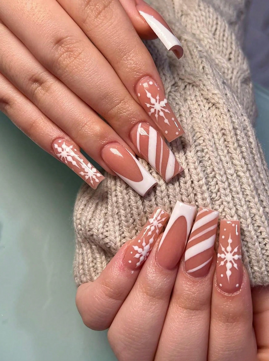 24Pc Ballerina style Holiday Nails With Winter Snowflakes, French tips & Stripes