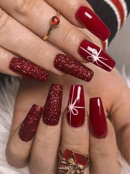 24Pc Ballerina HolidayNails set in Red Glitter with Present Designs