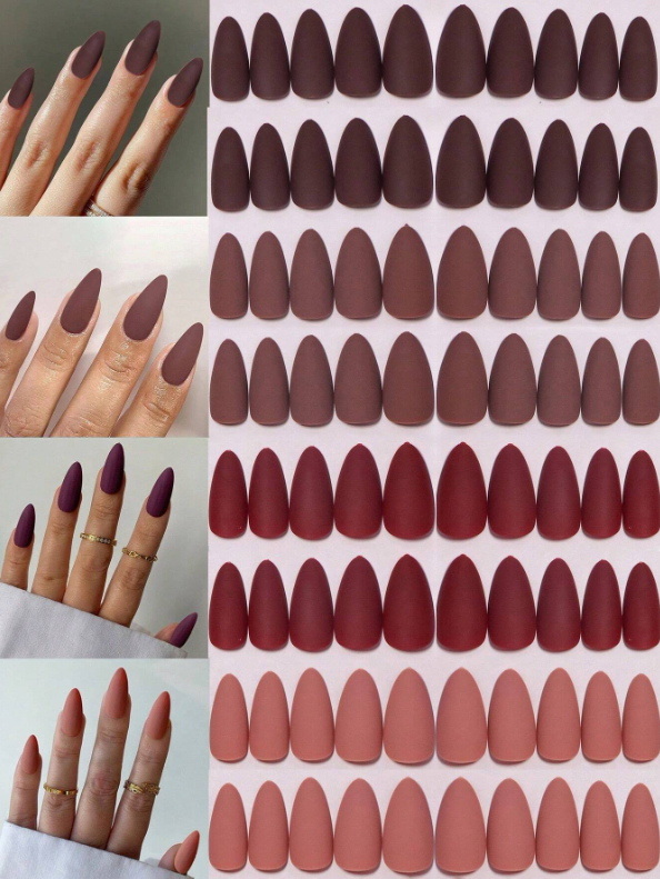 96Pc Almond Nails Set in Four Shades of Pinks/Reds/Neutrals