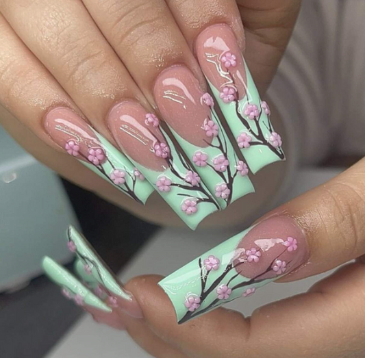 24Pc Square Nails Set with Cherry Blossoms on Pastel Green French Manicure - Press-on Express