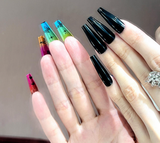 24Pc Extra Long Ballerina/Coffin Nails Set in Black with Colorful Bottoms - Press-on Express