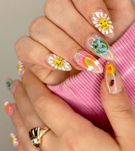 24Pc Almond Nails Set in Nude with Cute Flowers, Earths, and Rainbows - Press-on Express