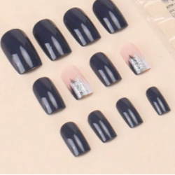 24Pc Short Square Nails Set in Dark Grey/Blue with Sparkle Accent Nails