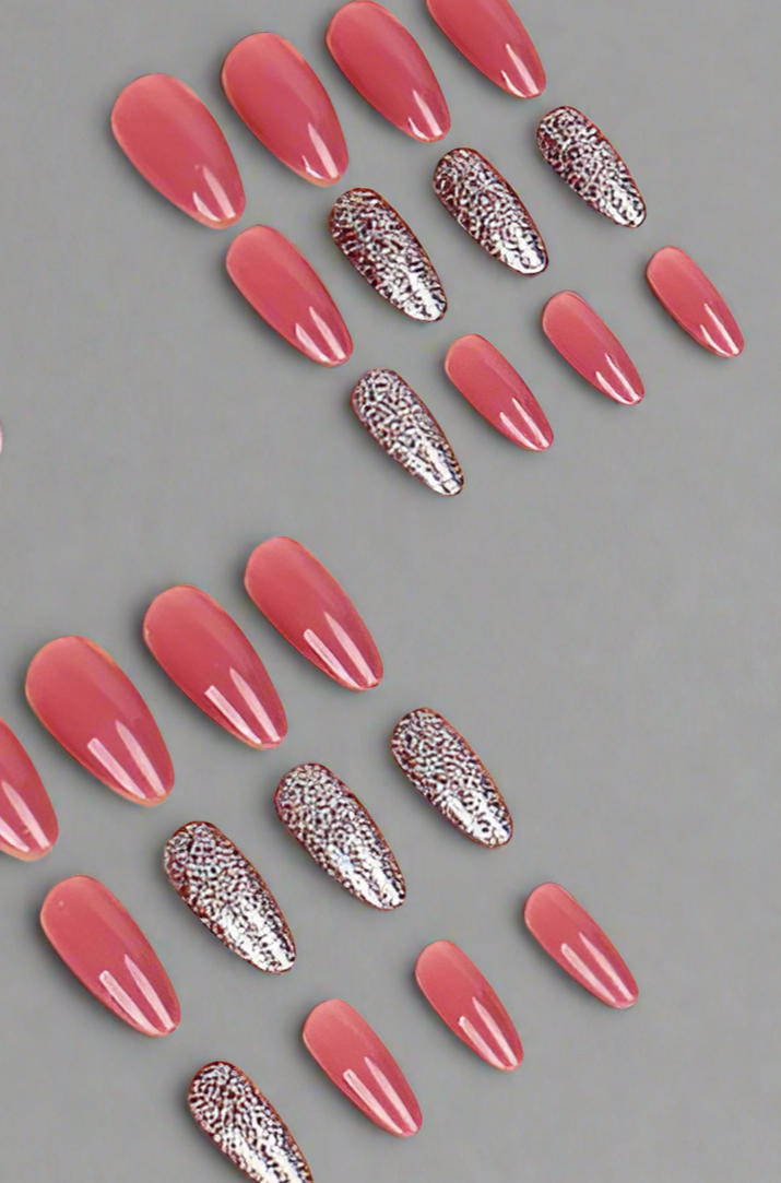 24Pc Almond Nails Set in Pink with Pink Sparkly Accent Nails