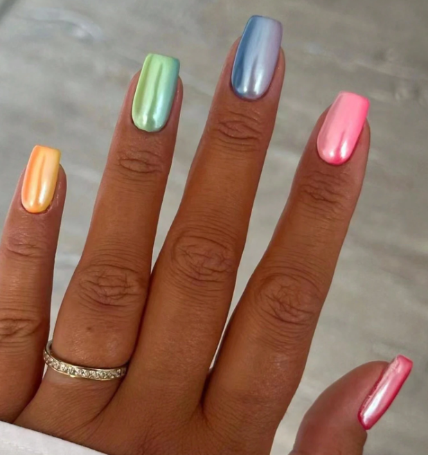 24Pc Square Nails set in a Rainbow Metallic Finish