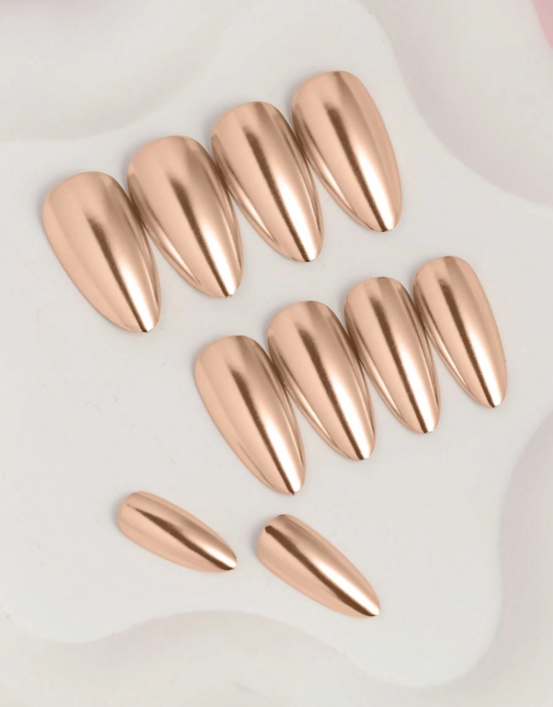 24Pc Almond Nails Set in Champagne Gold Chrome