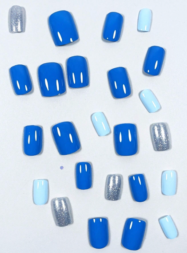 24Pc Short Square Nails Set in Light & Dark Blue with Optional Sparkly Accent Nails