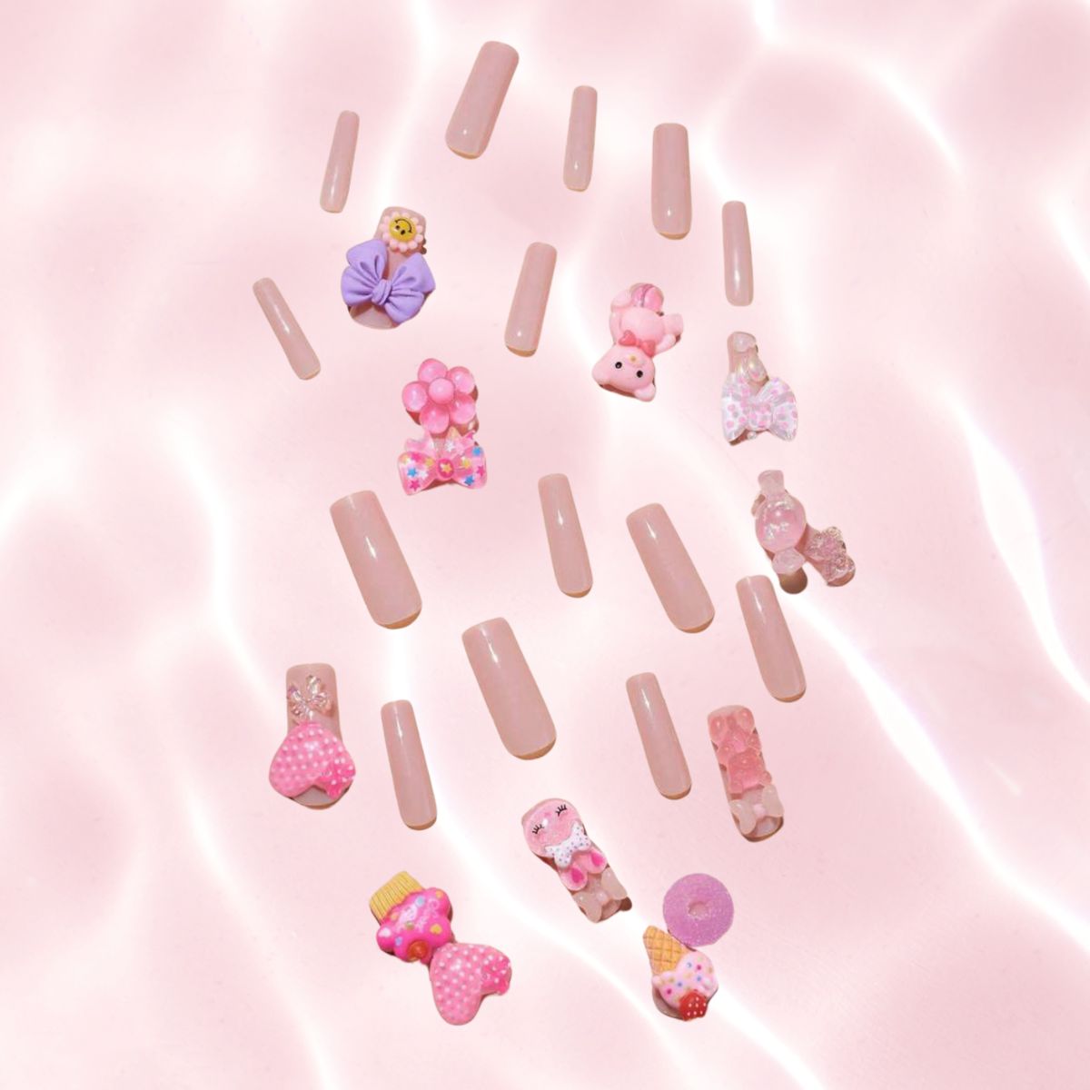 24-Piece Long Square Nails with 3D Cakes, Bears, ice creams & more